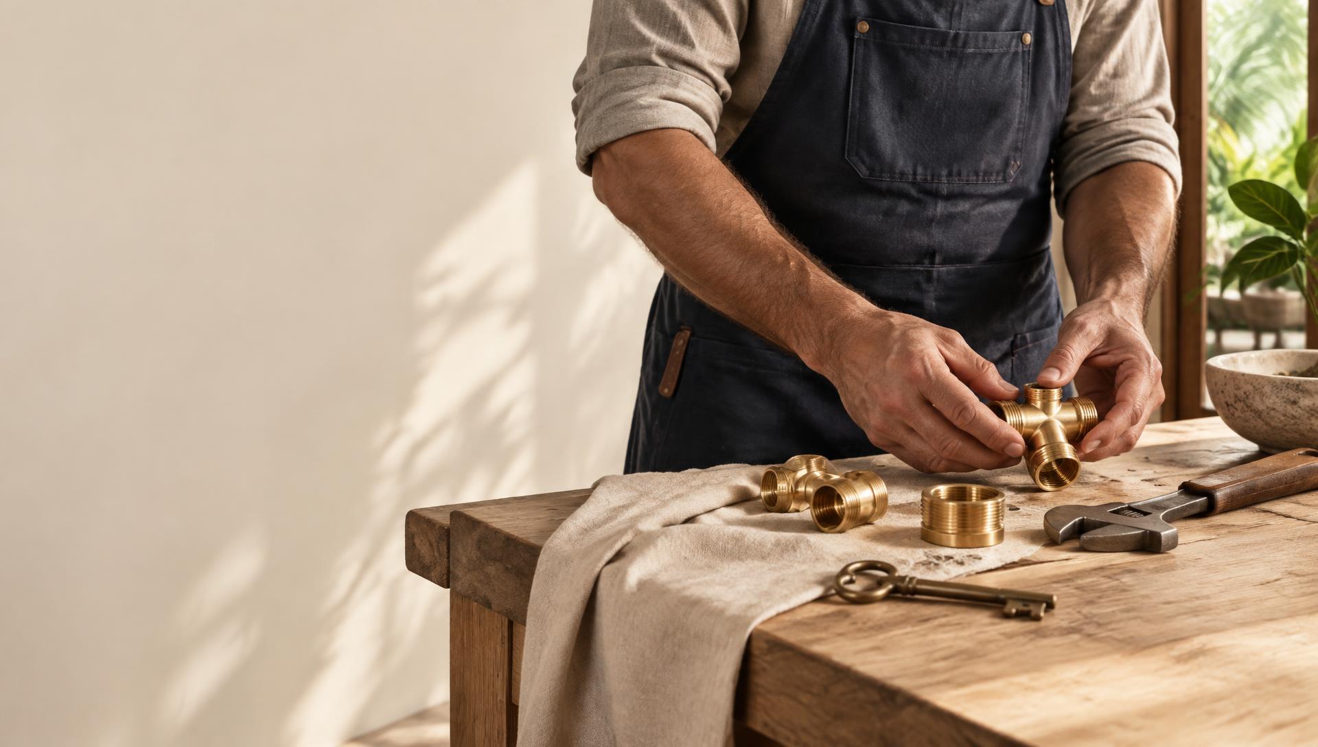 Manos de un técnico preparando piezas de bronce en su banco de trabajo